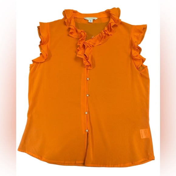 St. John Couture Orange Ruffle Silk Pearl Button-Up Blouse Size 10 - Picture 5 of 10
